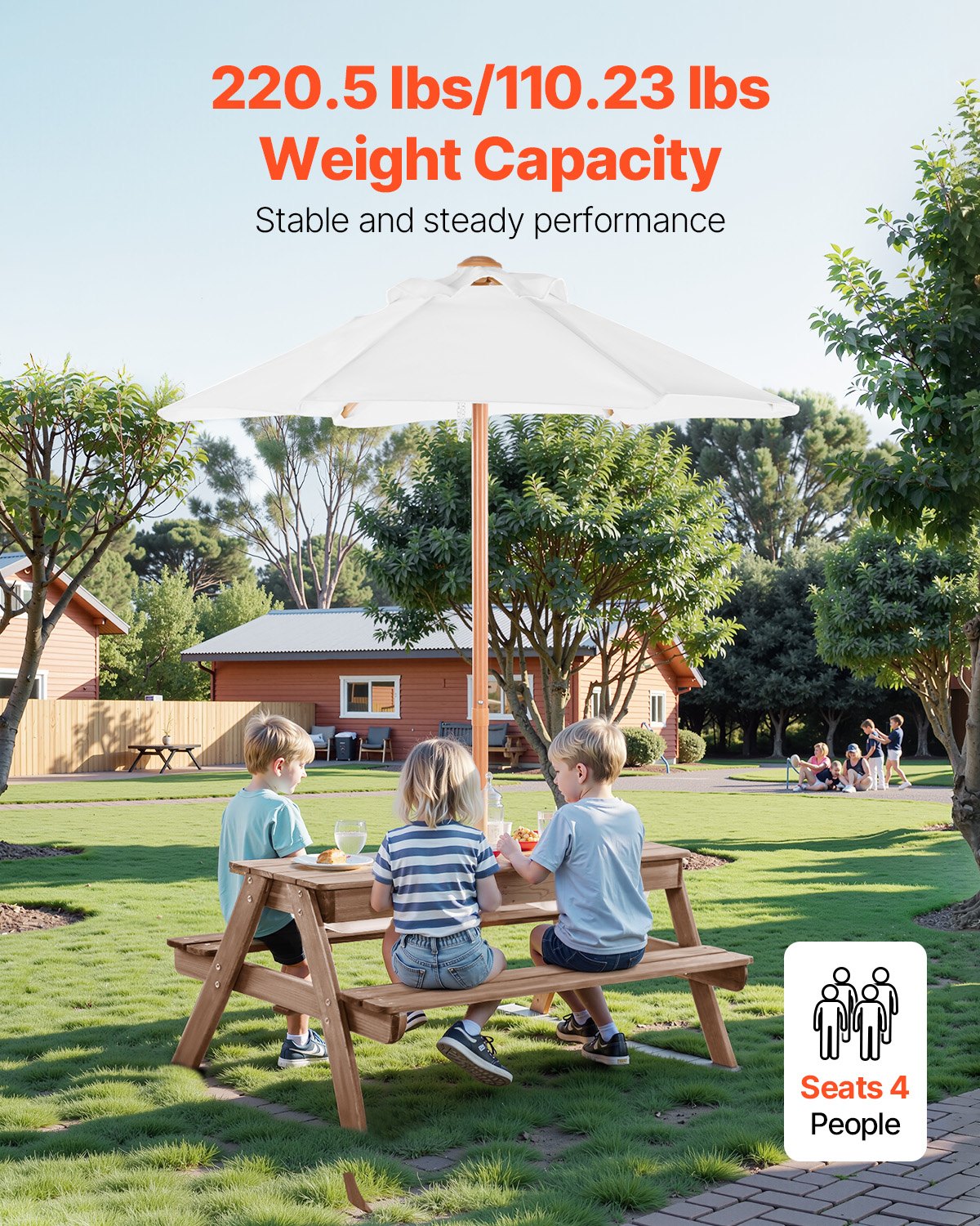 Picknickbord för barn med parasoll, 3-i-1 sand- och vattenbord, utomhusset med träbord och bänk med 2 brickor, utemöbler för 4 personer för trädgård, bakgård och veranda (valnöt)