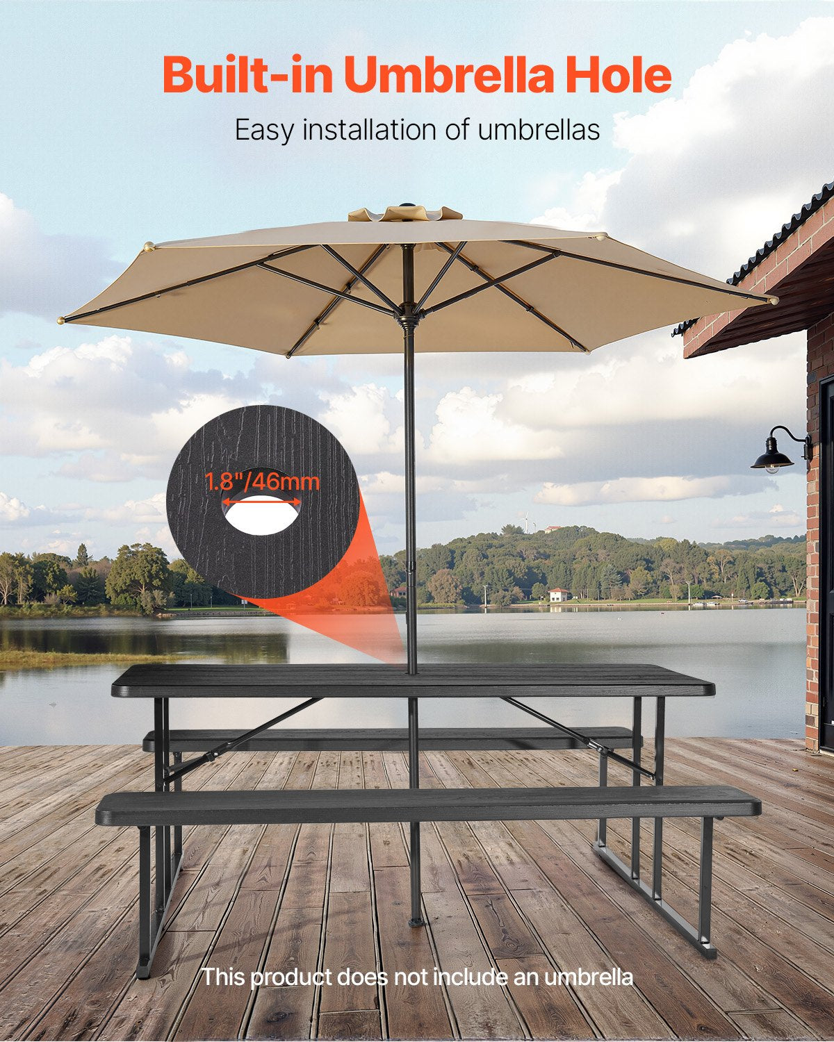 Hopfällbart picknickbord, 1,8 meter hopfällbara picknickbord med bänkar, stålbänkset med parasollhål, stort utomhusmatbord för uteplats, trädgård, pool (svart)