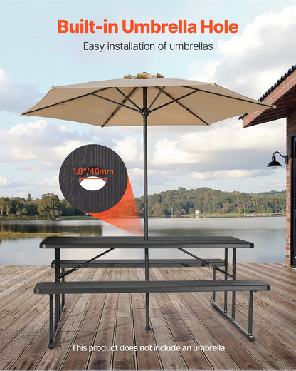 Hopfällbart picknickbord, 1,8 meter hopfällbara picknickbord med bänkar, stålbänkset med parasollhål, stort utomhusmatbord för uteplats, trädgård, pool (svart)
