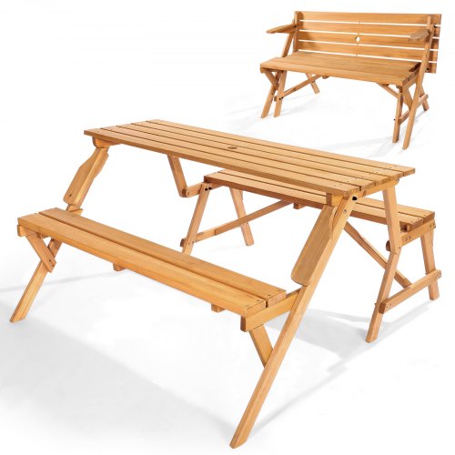 2-in-1 Transforming Interchangeable Picnic Table, Outdoor Wooden Table and Bench Set, Portable Foldable Bench with Umbrella Hole, Patio Dining Furniture for Garden, Backyard, Porch (Brown)