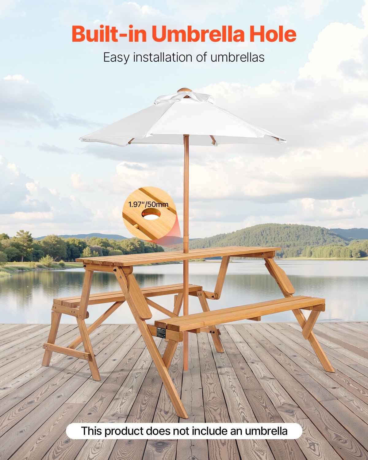 2-in-1 Transforming Interchangeable Picnic Table, Outdoor Wooden Table and Bench Set, Portable Foldable Bench with Umbrella Hole, Patio Dining Furniture for Garden, Backyard, Porch (Brown)
