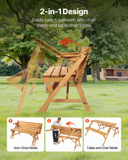 2-in-1 Transforming Interchangeable Picnic Table, Outdoor Wooden Table and Bench Set, Portable Foldable Bench with Umbrella Hole, Patio Dining Furniture for Garden, Backyard, Porch (Brown)