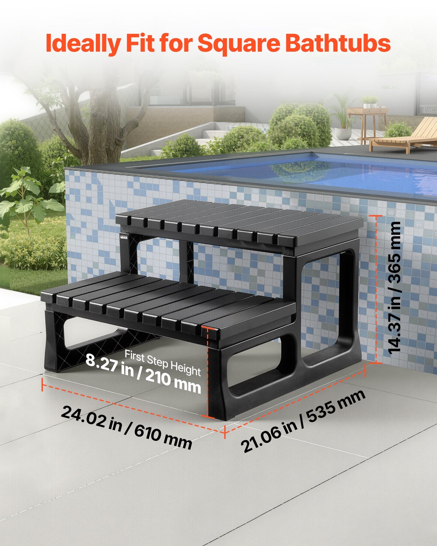 Hot Tub Step, 2-Step Spa Outdoor Stairs, Heavy Duty 599.5 mm Wide PP Above-Ground/Inflatable Pool Ladder with 145.2 kg Weight Capacity, Multi-Use for Porch, Patio, Deck, Campers,Black
