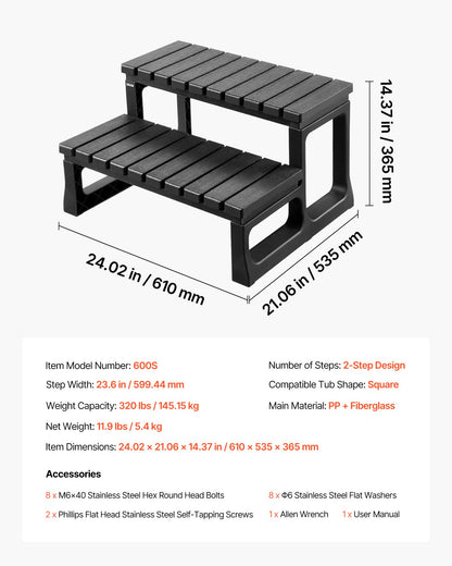 Hot Tub Step, 2-Step Spa Outdoor Stairs, Heavy Duty 599.5 mm Wide PP Above-Ground/Inflatable Pool Ladder with 145.2 kg Weight Capacity, Multi-Use for Porch, Patio, Deck, Campers,Black