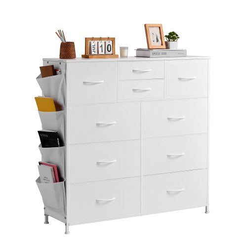 10 Drawer Dresser, Fabric Drawer Dresser with Fabric Bins, Closet Storage Drawers with Easy Pull Handle and Sturdy Steel Frame, Fabric Storage Tower for Bedroom, Hallway, Closet, Nursery, White