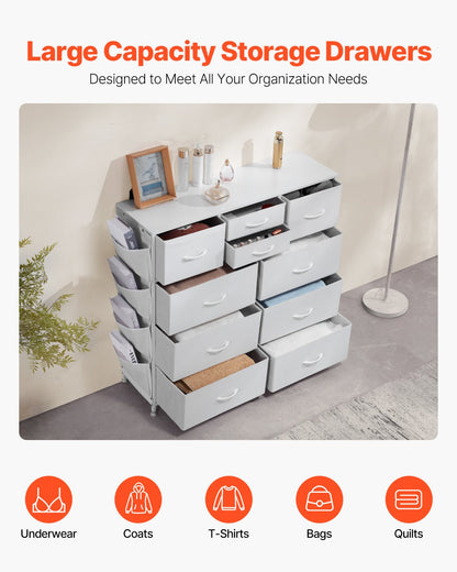 10 Drawer Dresser, Fabric Drawer Dresser with Fabric Bins, Closet Storage Drawers with Easy Pull Handle and Sturdy Steel Frame, Fabric Storage Tower for Bedroom, Hallway, Closet, Nursery, White