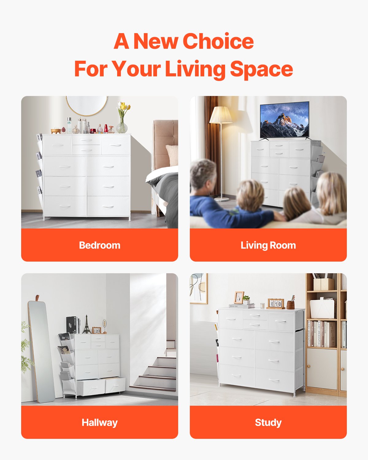 10 Drawer Dresser, Fabric Drawer Dresser with Fabric Bins, Closet Storage Drawers with Easy Pull Handle and Sturdy Steel Frame, Fabric Storage Tower for Bedroom, Hallway, Closet, Nursery, White