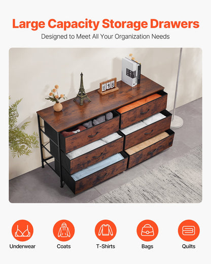 6 Drawer Dresser, Tall Chest Organizer Drawer Dresser, TV Stand with Storage, Closet Storage Drawers with Sturdy Steel Frame, Fabric Storage Tower for Bedroom, Hallway, Closet, Rustic Brown