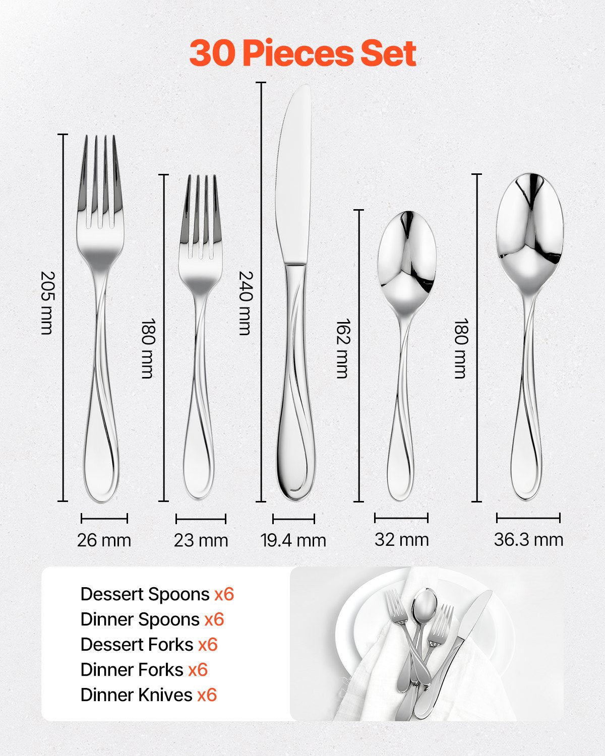 30-Piece Silverware Set, Food-Grade Stainless Steel Flatware Utensils, Mirror Finished Cutlery Set, Dishwasher Safe Eating Tableware for Kitchen Home, Service for 6, Include Knife Fork Spoon