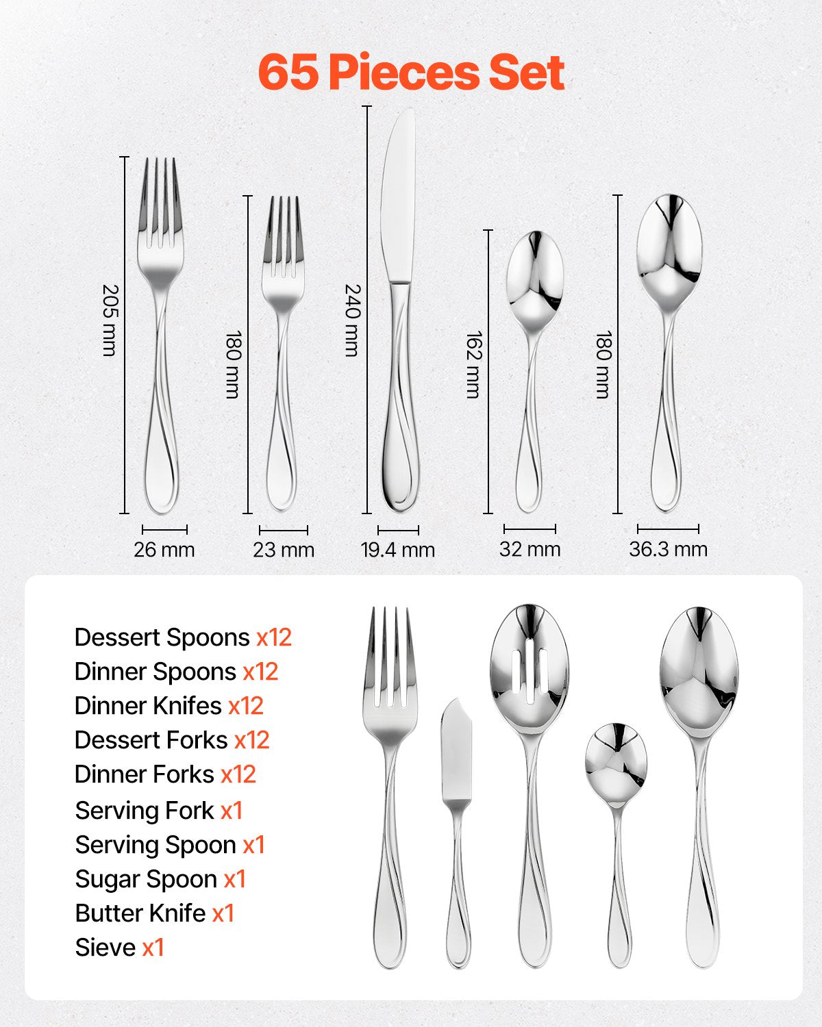 65-Piece Silverware Set, Food-Grade Stainless Steel Flatware Utensils, Mirror Finished Cutlery Set, Dishwasher Safe Eating Tableware for Kitchen Home, Service for 12, Include Knife Fork Spoon