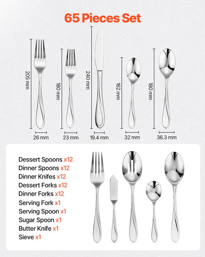 65-Piece Silverware Set, Food-Grade Stainless Steel Flatware Utensils, Mirror Finished Cutlery Set, Dishwasher Safe Eating Tableware for Kitchen Home, Service for 12, Include Knife Fork Spoon