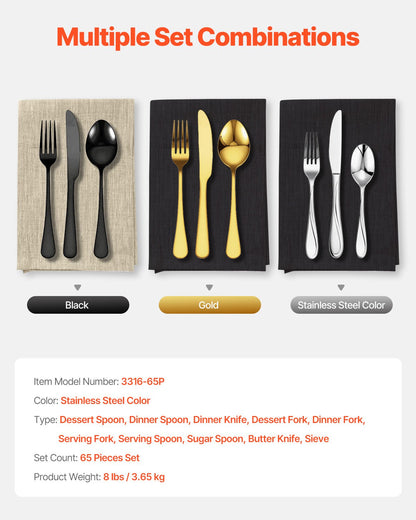 65-Piece Silverware Set, Food-Grade Stainless Steel Flatware Utensils, Mirror Finished Cutlery Set, Dishwasher Safe Eating Tableware for Kitchen Home, Service for 12, Include Knife Fork Spoon