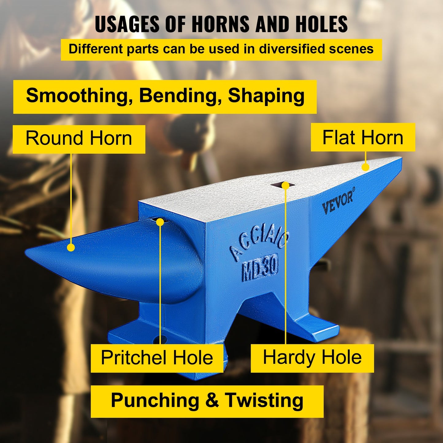 Mohornhornstäd, stålstäd Smedevikt 30 kg/66,1 pund, smedstäd stålstäd runt horn metallbearbetning stålstäd smed hårdhål