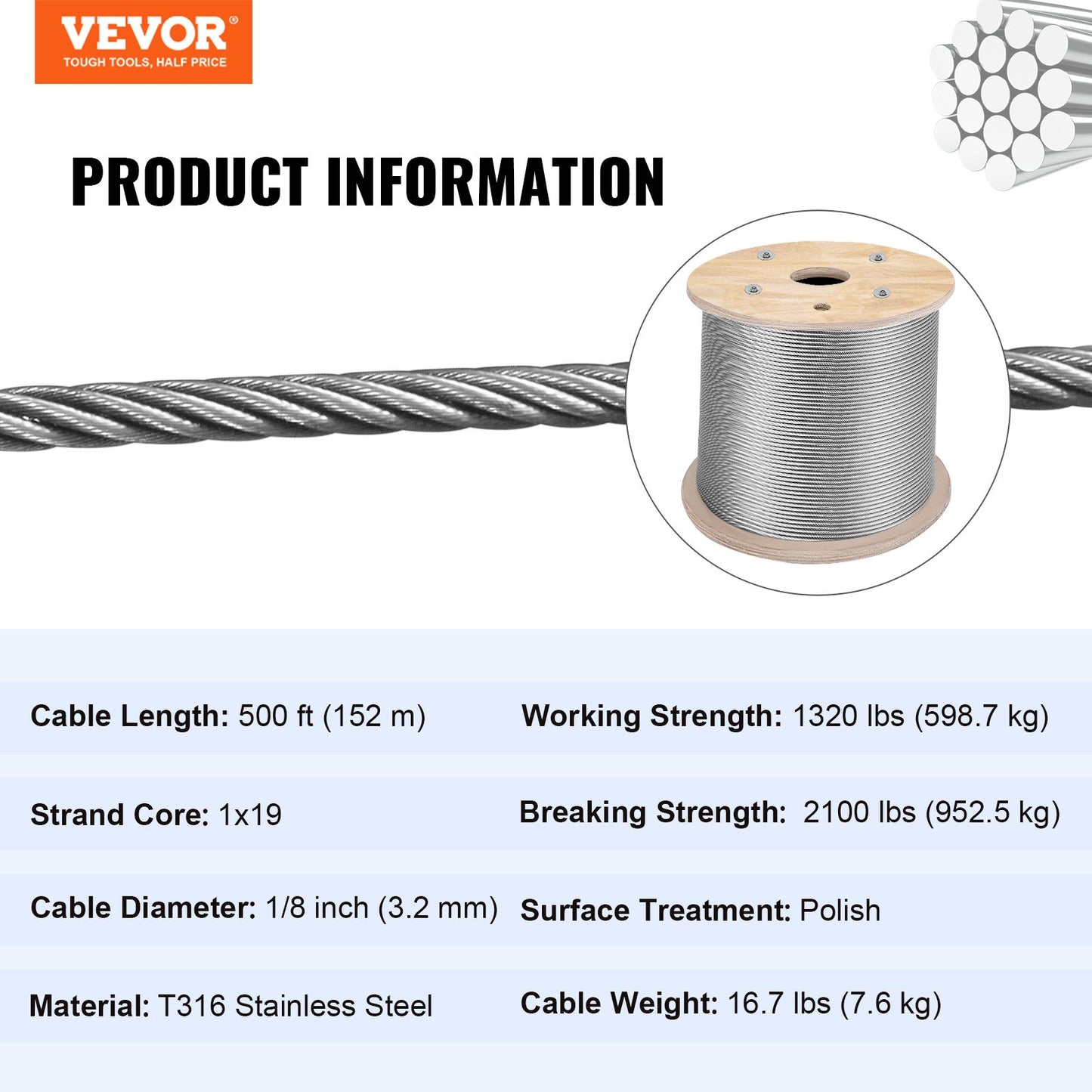 316 Stainless Steel Cable 1/8" 1x19 Steel Cable Wire Rope 150M/500FT Cable Railing Transport Wire Rope Cable for Railing Decking DIY Balustrade(150M)