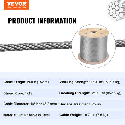 316 Stainless Steel Cable 1/8" 1x19 Steel Cable Wire Rope 150M/500FT Cable Railing Transport Wire Rope Cable for Railing Decking DIY Balustrade(150M)