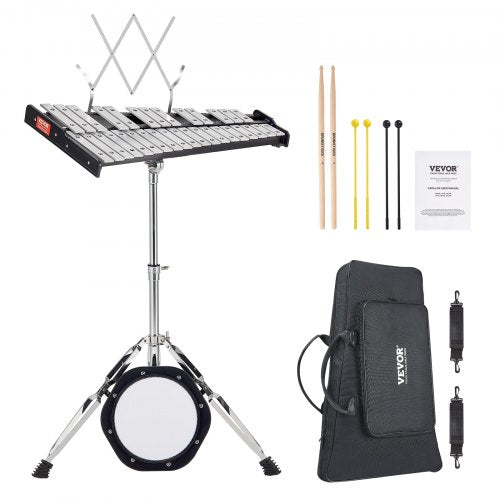 32 Note Glockenspiel Xylophone Bell Kit, Professional Percussion Instrument Set with Mallets, Drum Sticks, Music Stand, 203mm / 8" Practice Pad, Adjustable Stand and Carrying Bag for Students & Adults