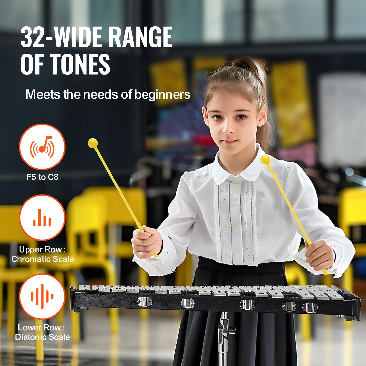 32 Note Glockenspiel Xylophone Bell Kit, Professional Percussion Instrument Set with Mallets, Drum Sticks, Music Stand, 203mm / 8" Practice Pad, Adjustable Stand and Carrying Bag for Students & Adults