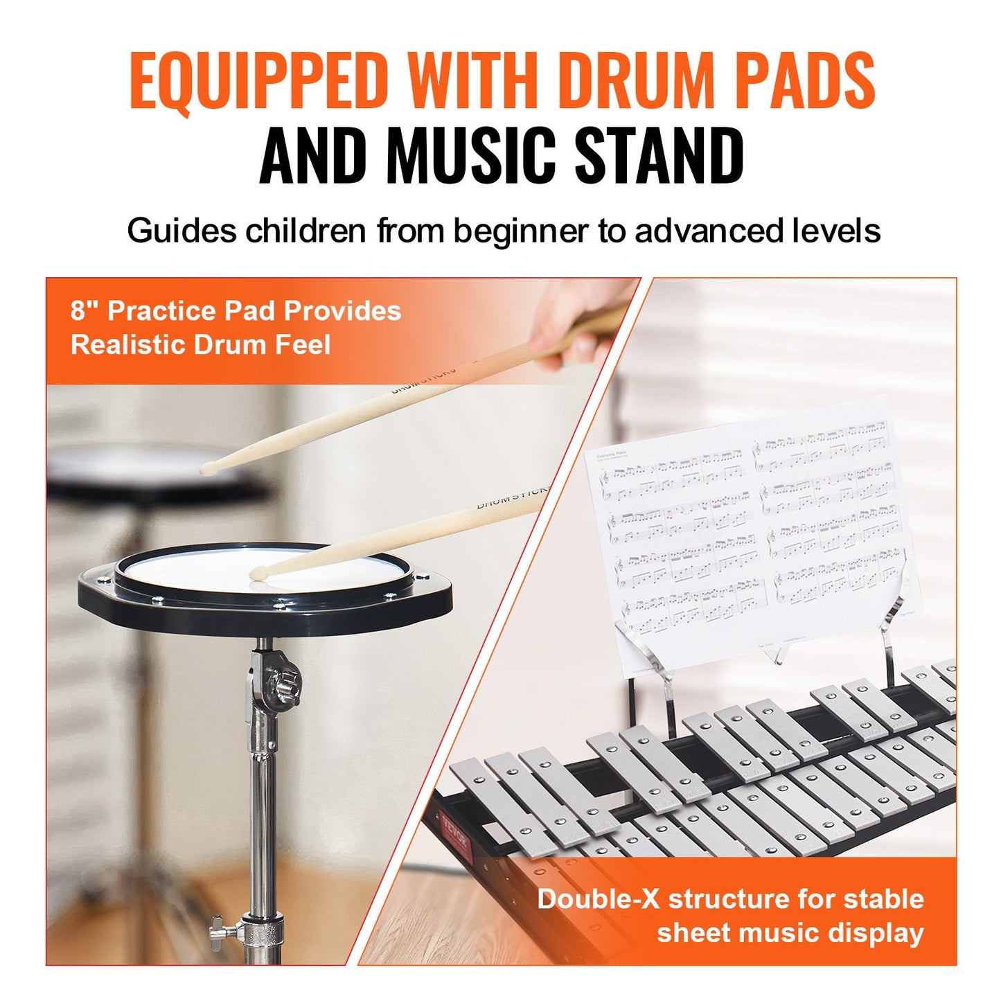 32 Note Glockenspiel Xylophone Bell Kit, Professional Percussion Instrument Set with Mallets, Drum Sticks, Music Stand, 203mm / 8" Practice Pad, Adjustable Stand and Carrying Bag for Students & Adults