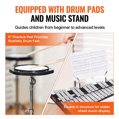 32 Note Glockenspiel Xylophone Bell Kit, Professional Percussion Instrument Set with Mallets, Drum Sticks, Music Stand, 203mm / 8" Practice Pad, Adjustable Stand and Carrying Bag for Students & Adults