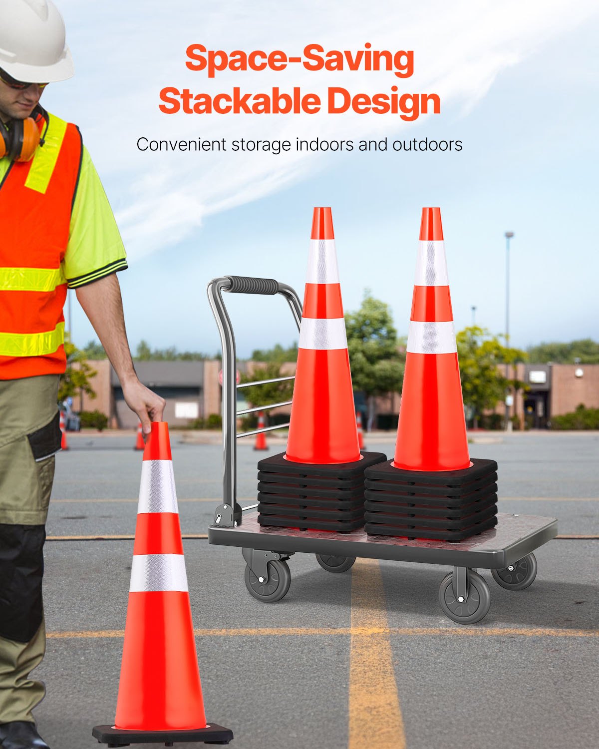 6-pack 36" trafikkoner, säkerhetskon för parkering på väg med svart viktad bas, orange PVC-trafiksäkerhetskoner, varningskoner, reflexkragar för byggtrafikparkering