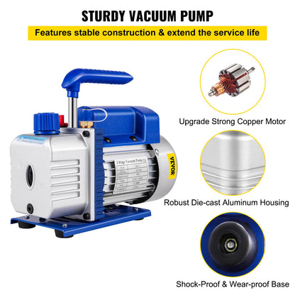 183 L/min (3 CFM) 246 W (1/3 hk) vakuumpump Vakuumpump 117 L/min (1,8 CFM) 1-stegs kylvakuumpump Vakuumkammare 1440 varv/min för vakuumpumpning med R12, R22 eller R134a som kylmedium