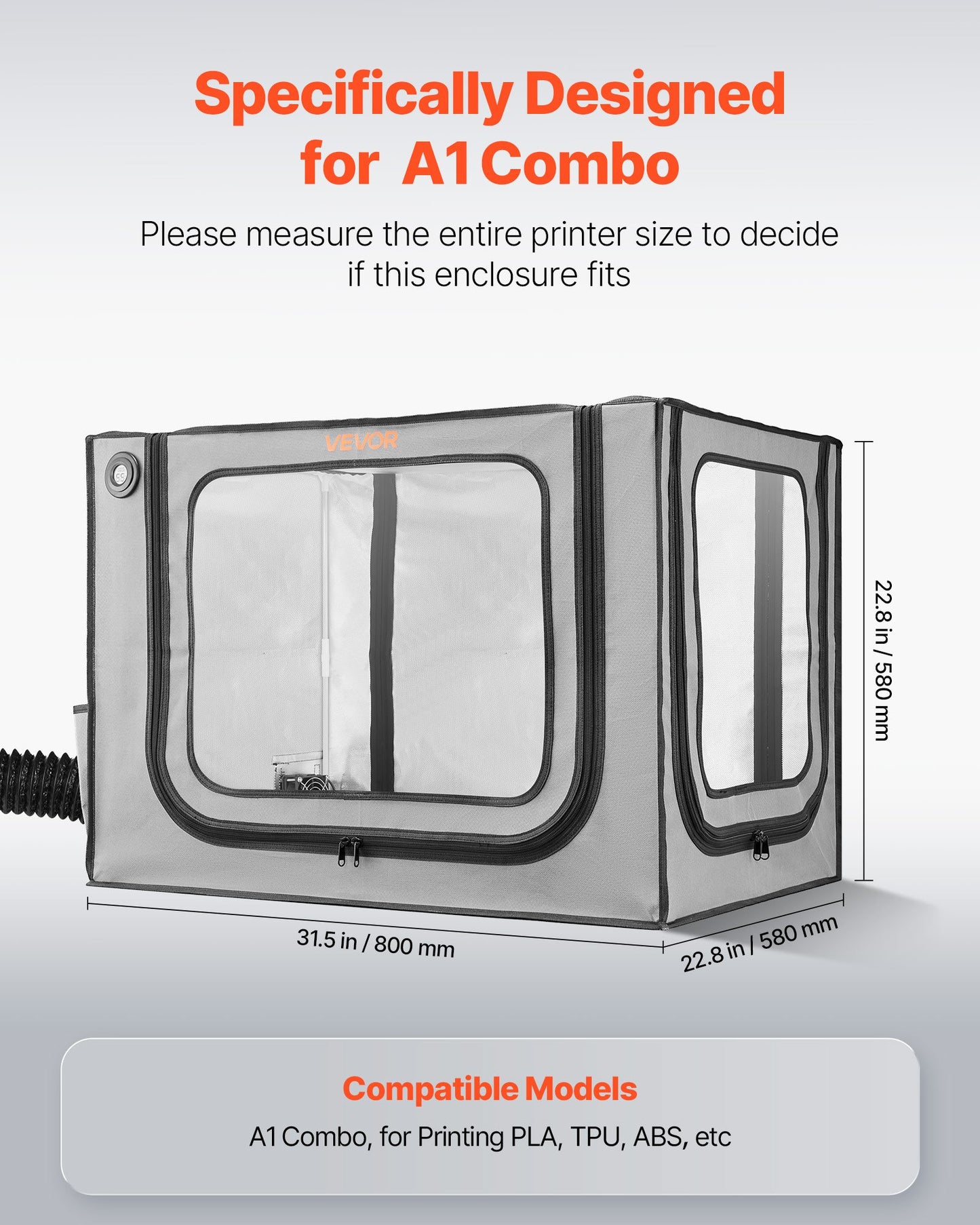 3D Printer Enclosure with Ventilation, Dustproof Waterproof Large Size 600D Oxford Cloth 3D Printer Tent, Constant Temperature Protective Case with LED, Designed for Bambu Lab A1 Combo, Grey