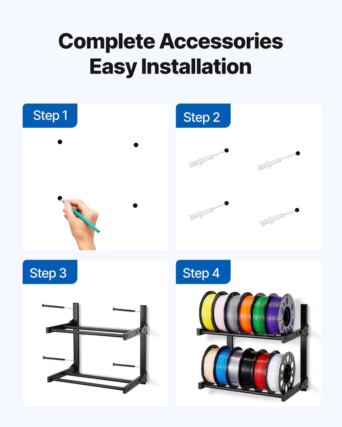Wall Mount Printer Filament Storage Rack, 2-Tier Wall Bracket Storage Shelf, Rolling Filament Spool Holders Racks with Wheels, Filaments Organzied for 3D Printing Studio, Workshop (Shelf Only)