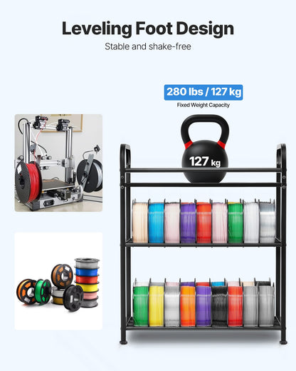 Förvaringsställ för 3D-skrivare med filament, 3-våningars kraftig förvaringshylla, rullande filamentspolhållare, ställ med hjul, filament organiserade för 3D-skrivarstation, kontor, verkstad (endast hylla)