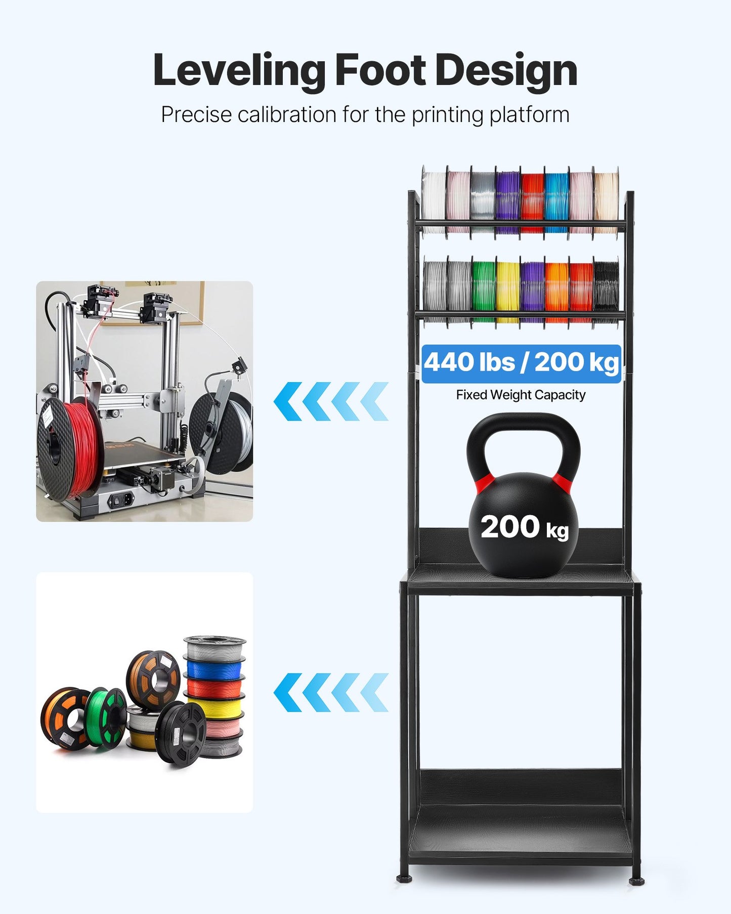 Förvaringsställ för 3D-skrivare med filament, 4-vånings stativ för 3D-skrivare med filamentförvaring, spolhållare, vagn med hjul, filament organiserade för 3D-skrivarstation, kontor, verkstad (endast hylla)