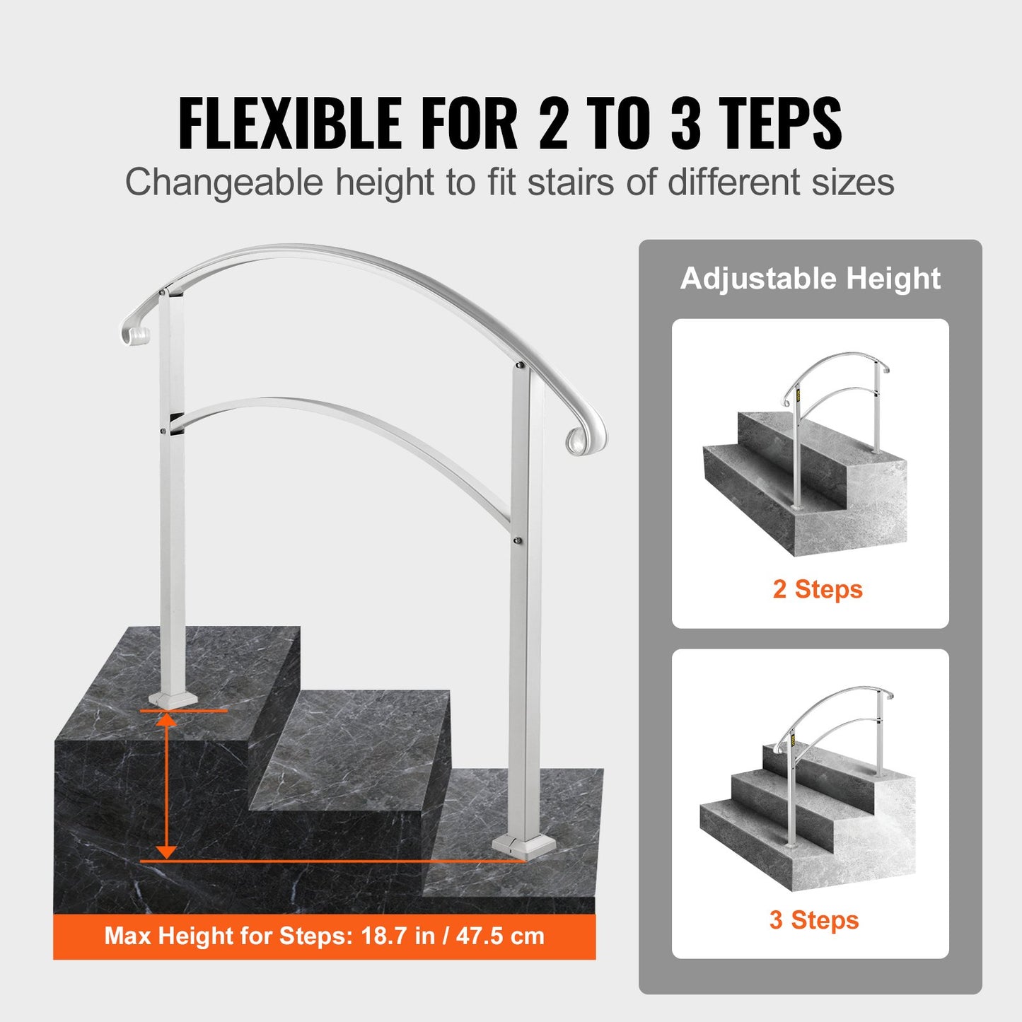 Ledstänger för utomhustrappor, Passar 1 eller 3 trappsteg utomhus, Ledstänger i vitt smidesjärn, Flexibelt ledstänger för veranda, Övergångsledstänger för betongtrappor eller trätrappor