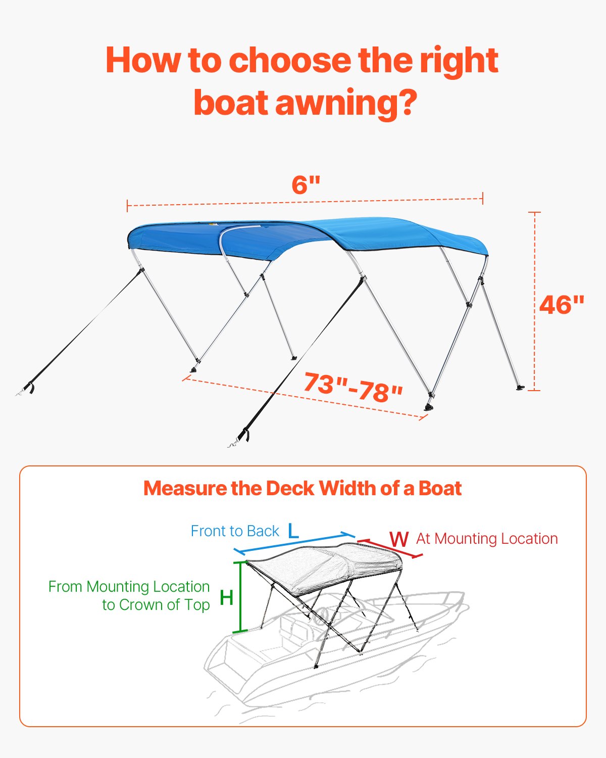 3 Bow Boat Bimini Top, 600D Polyester Canopy with Aluminum Alloy Frame, Waterproof & Sun Shade Boat Awning Canopy with Storage Bag, 2 Support Poles, 4 Straps, 72"Lx(73"-78")Wx46"H, Pacific Blue