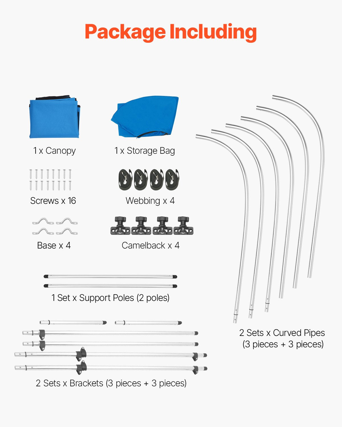 3 Bow Boat Bimini Top, 600D Polyester Canopy with Aluminum Alloy Frame, Waterproof & Sun Shade Boat Awning Canopy with Storage Bag, 2 Support Poles, 4 Straps, 72"Lx(73"-78")Wx46"H, Pacific Blue