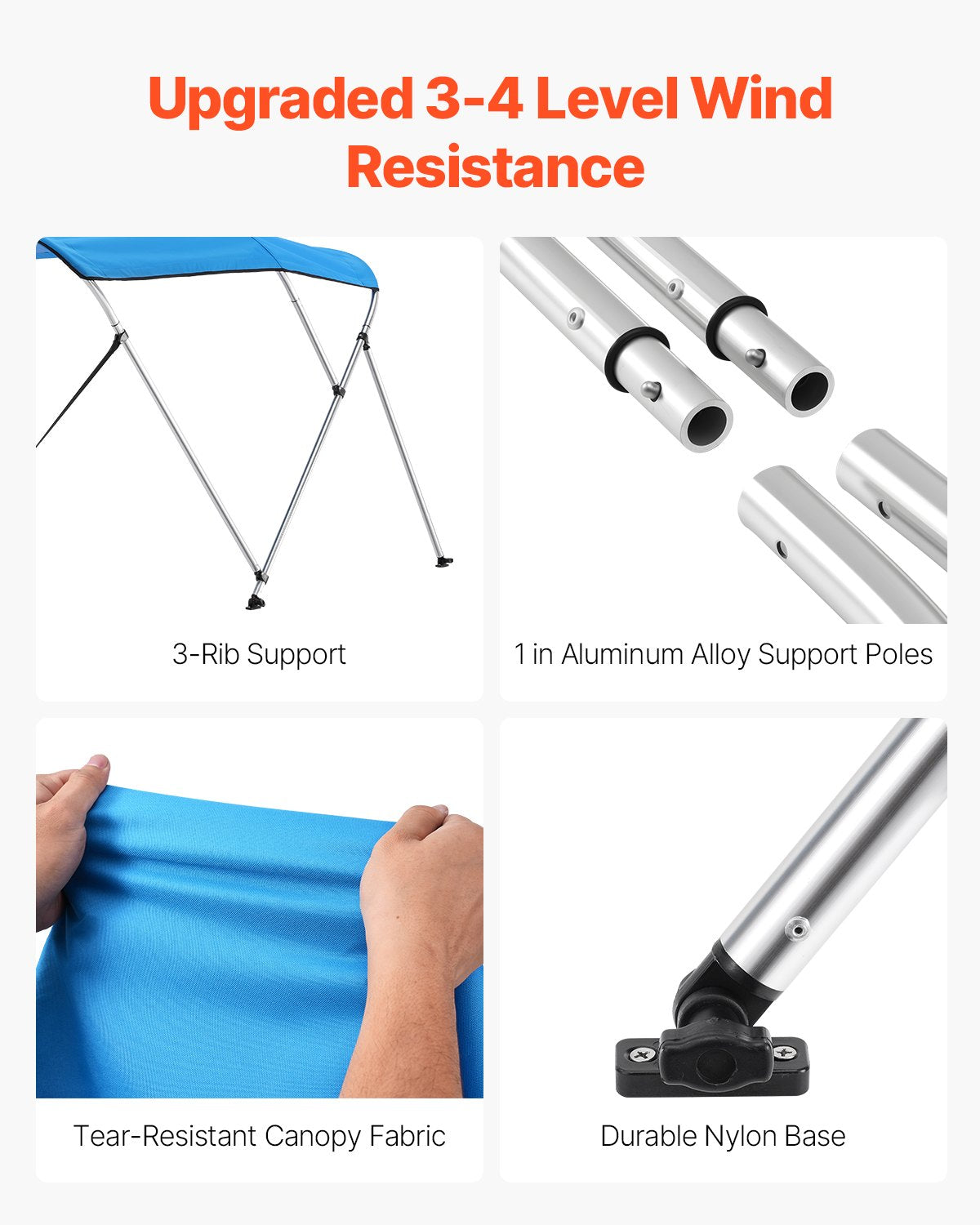 Biminitopp för båt med 3 bogar, 600D polyesterkapell med aluminiumram, vattentätt och solskyddande båtmarkiskapell med förvaringsväska, 2 stödstänger, 4 remmar, 72"L x (79"-84")B x 46"H, Pacific Blue