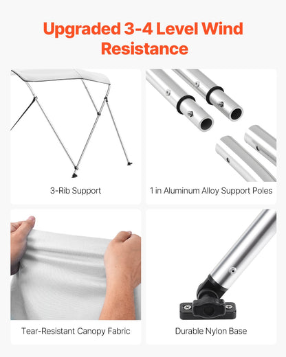 Biminitopp för båt med 3 bogar, 600D polyesterkapell med aluminiumram, vattentätt och solskyddande båtmarkiskapell med förvaringsväska, 2 stödstänger, 4 remmar, 183 cm L x (213-273 cm B x 113 cm H), ljusgrå