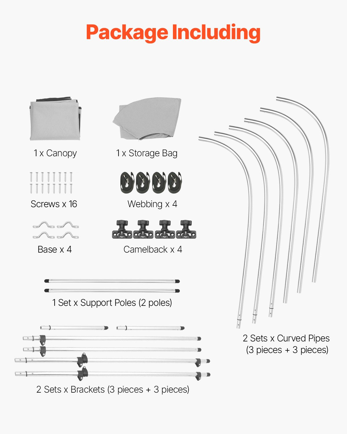 Biminitopp för båt med 3 bogar, 600D polyesterkapell med aluminiumram, vattentätt och solskyddande båtmarkiskapell med förvaringsväska, 2 stödstänger, 4 remmar, 183 cm L x (213-273 cm B x 113 cm H), ljusgrå