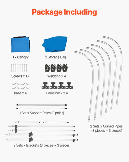 Biminitopp för båt med 3 bogar, 600D polyesterkapell med aluminiumram, vattentätt och solskyddande båtmarkiskapell med förvaringsväska, 2 stödstänger, 4 remmar, 72"L x (85"-90")B x 46"H, Pacific Blue