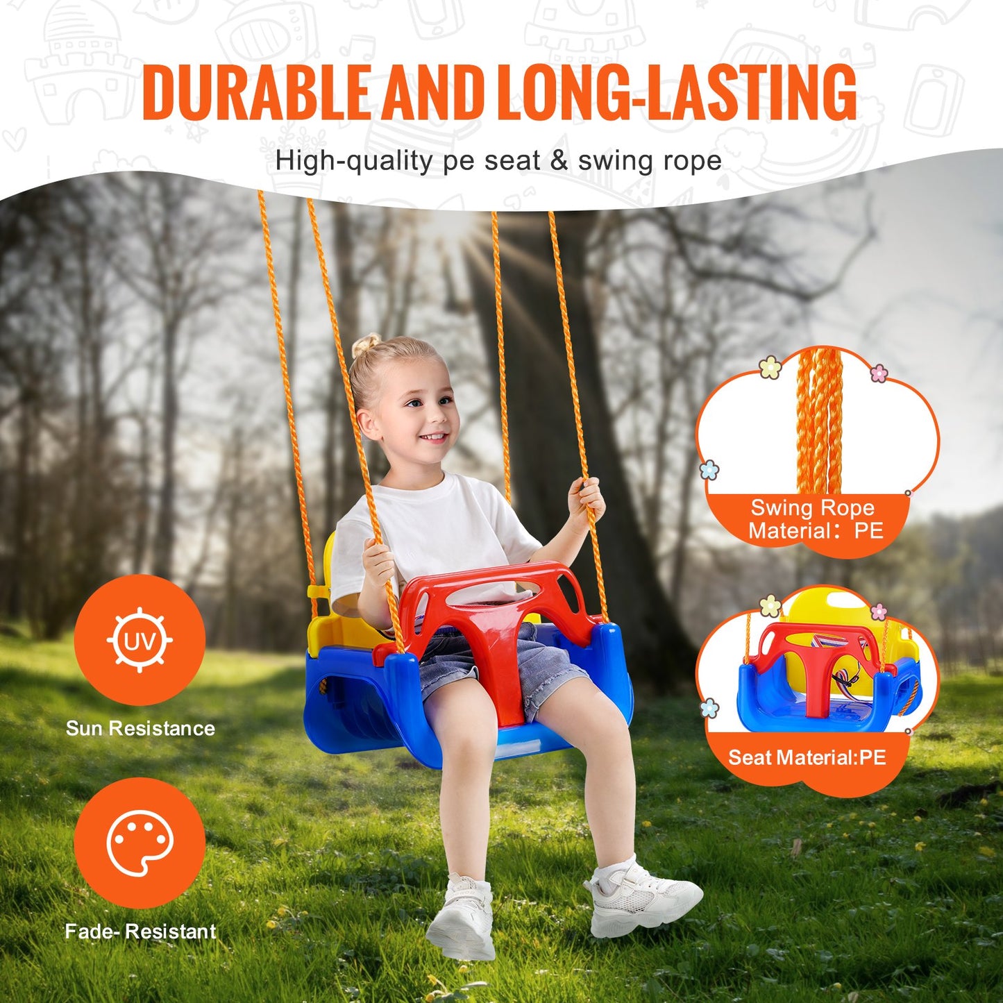3-in-1 Toddler Swing Seat, 200 lbs Weight Capacity Baby Swing Seat, with Adjustable Ropes and Snap Hooks, Snug & Secure Detachable Infants to Teens Kids Swing Seat, for Outdoor and Indoor
