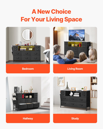 Byrå med 10 lådor, tygbyrå ​​med tygfack, garderobsförvaringslådor med öppen förvaringshylla, LED-lampor och inbyggt uttag, tygförvaringstorn för sovrum, hall, garderob, svart