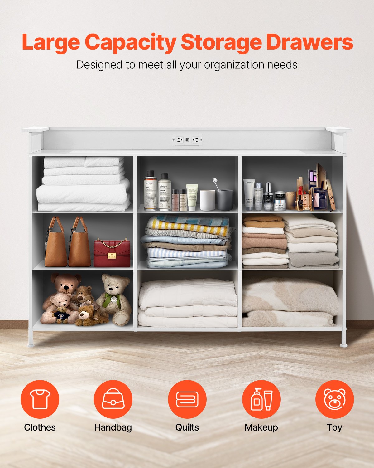 9 Drawer Dresser, Tall Drawer Dresser with Fabric Bin, Closet Storage Drawers with Sturdy Metal Frame, LED Lights & Built-in Outlet, Fabric Storage Tower for Bedroom, Hallway, Closet, White