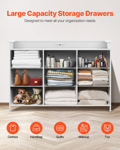 9 Drawer Dresser, Tall Drawer Dresser with Fabric Bin, Closet Storage Drawers with Sturdy Metal Frame, LED Lights & Built-in Outlet, Fabric Storage Tower for Bedroom, Hallway, Closet, White