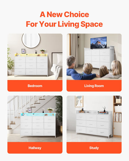 9 Drawer Dresser, Tall Drawer Dresser with Fabric Bin, Closet Storage Drawers with Sturdy Metal Frame, LED Lights & Built-in Outlet, Fabric Storage Tower for Bedroom, Hallway, Closet, White