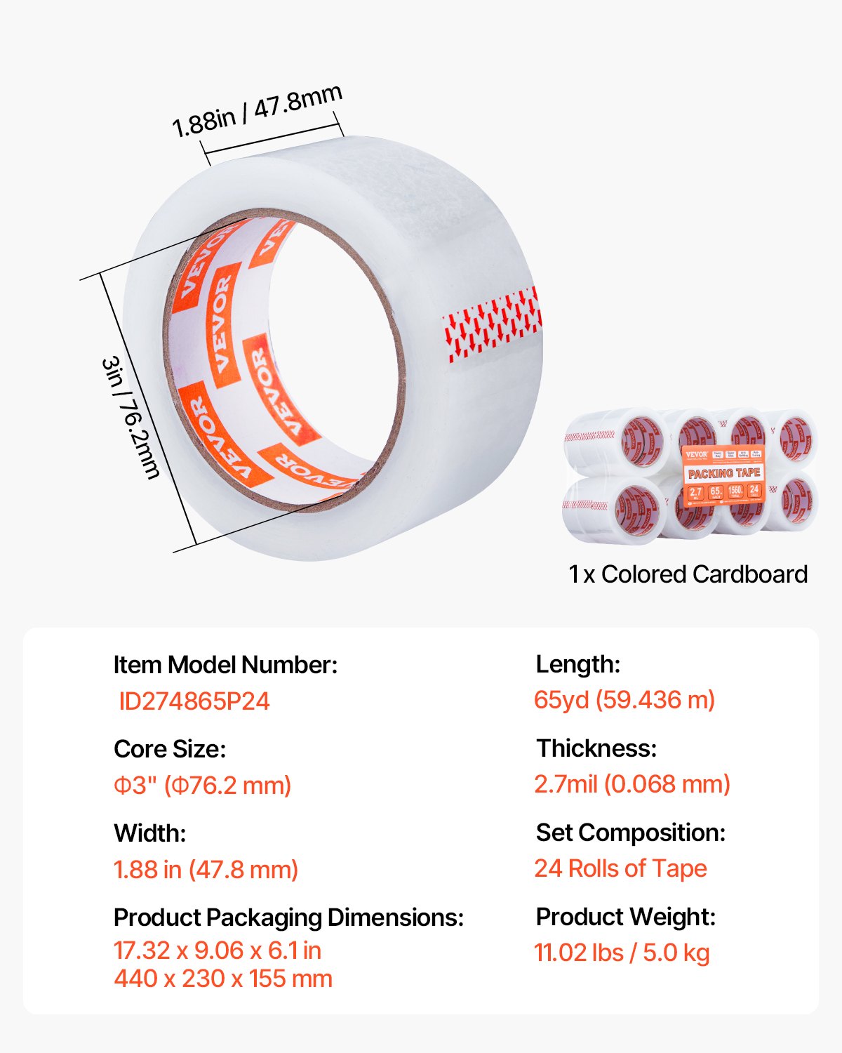 Genomskinlig packtejp, 7,5 cm kärna, 24 rullar 4,8 cm x 65 yards packtejp, 7,2 mm tjock, kraftig packtejp utformad för flytt, förvaring och packning, frakt och utskick, kontor