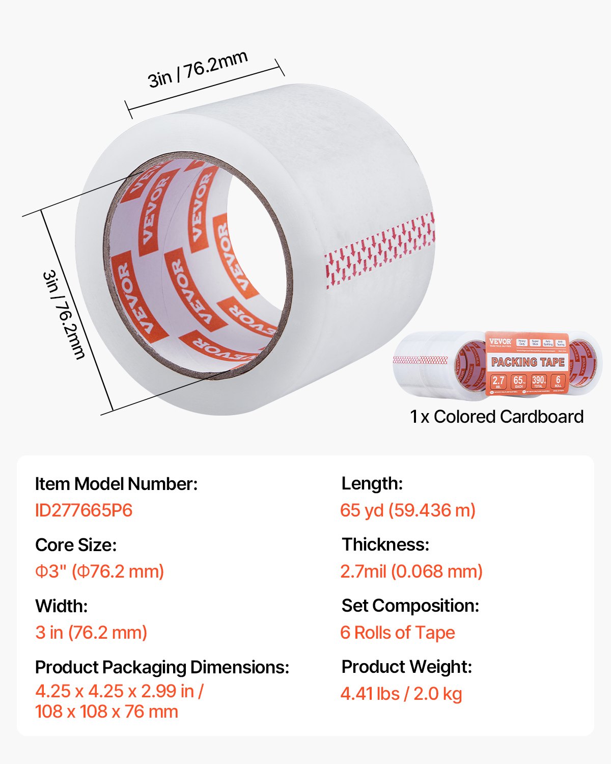 Genomskinlig packtejp, 7,5 cm kärna, 6 rullar 7,5 cm x 65 yards packtejp, 2,7 mil tjock, kraftig packtejp utformad för flytt, förvaring och packning, frakt och utskick, kontor