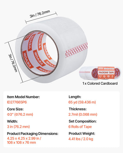 Genomskinlig packtejp, 7,5 cm kärna, 6 rullar 7,5 cm x 65 yards packtejp, 2,7 mil tjock, kraftig packtejp utformad för flytt, förvaring och packning, frakt och utskick, kontor