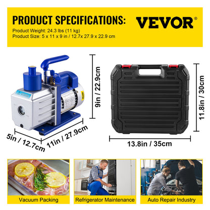 Vakuumpumpsats HVAC Enstegs AC-vakuumpump 283 L/min (4.8CFM) 246W (1/3HP) Luftvakuumpump med 3-ventils A/C-grenrörsmätare Kylmedel Luftkonditionering