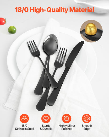 30-delars svart bestickset, livsmedelsklassat bestick i rostfritt stål för 6 personer, spegelblank bestickset, diskmaskinssäkert porslin för kök och hem, inklusive kniv, gaffel och sked