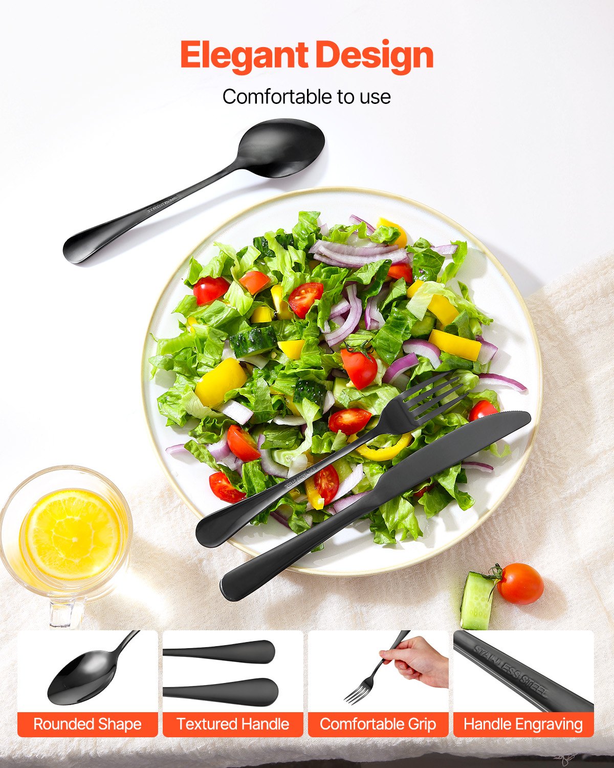 30-delars svart bestickset, livsmedelsklassat bestick i rostfritt stål för 6 personer, spegelblank bestickset, diskmaskinssäkert porslin för kök och hem, inklusive kniv, gaffel och sked