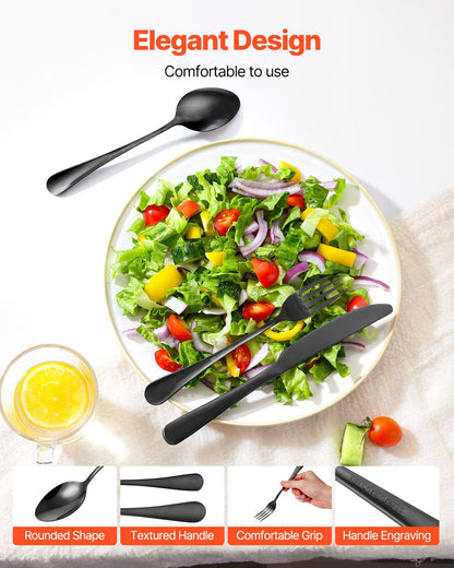 30-delars svart bestickset, livsmedelsklassat bestick i rostfritt stål för 6 personer, spegelblank bestickset, diskmaskinssäkert porslin för kök och hem, inklusive kniv, gaffel och sked