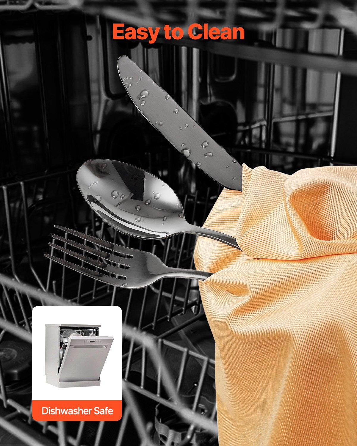 30-delars svart bestickset, livsmedelsklassat bestick i rostfritt stål för 6 personer, spegelblank bestickset, diskmaskinssäkert porslin för kök och hem, inklusive kniv, gaffel och sked