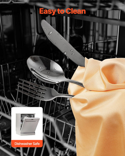 30-delars svart bestickset, livsmedelsklassat bestick i rostfritt stål för 6 personer, spegelblank bestickset, diskmaskinssäkert porslin för kök och hem, inklusive kniv, gaffel och sked